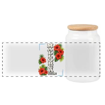 Mallorca feeling with hibiscus & tropical leaves - Panoramic Cookie Jar with Wooden Lid - white - Front