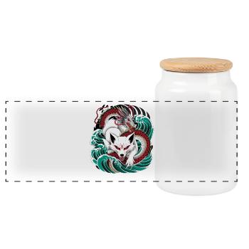 Japanese Kitsune Fox And Dragon In - Panoramic Cookie Jar with Wooden Lid - white - Front