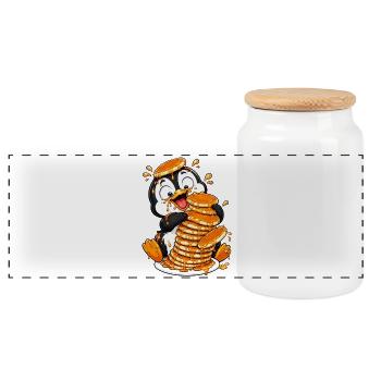 Penguin Pancakes Syrup Funny Cartoon - Panoramic Cookie Jar with Wooden Lid - white - Front