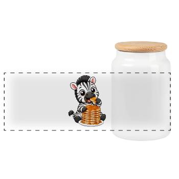 Zebra with Pancakes Funny Cartoon - Panoramic Cookie Jar with Wooden Lid - white - Front