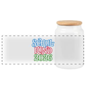 Schulkind 2026 | Neon Optik | Einschulung - Panorama Keksdose mit Holzdeckel - Weiß - Vorne