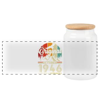 Original October 1946 – 80th Birthday Vintage - Panoramic Cookie Jar with Wooden Lid - white - Front