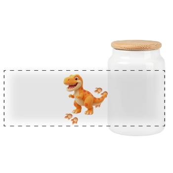 Niedlicher Dino mit Fußspuren | Freundliches Dinos - Panorama Keksdose mit Holzdeckel - Weiß - Vorne