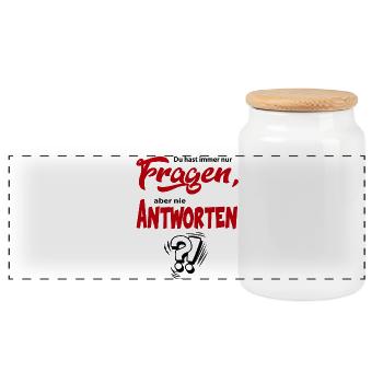 Frage Antwort Fragezeichen Ausrufezeichen Sprüche - Panorama Keksdose mit Holzdeckel - Weiß - Vorne