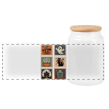 Halloween Briefmarken - Panorama Keksdose mit Holzdeckel - Weiß - Vorne