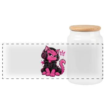 Neon Pinke Katze Y2K Streetwear Aesthetic - Panorama Keksdose mit Holzdeckel - Weiß - Vorne