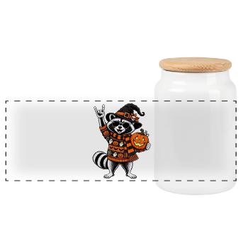Halloween Waschbär mit Hexenhut & Kürbis - Panorama Keksdose mit Holzdeckel - Weiß - Vorne