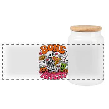 Bone Appetit lustiges Halloween-Skelett isst Pizza - Panorama Keksdose mit Holzdeckel - Weiß - Vorne
