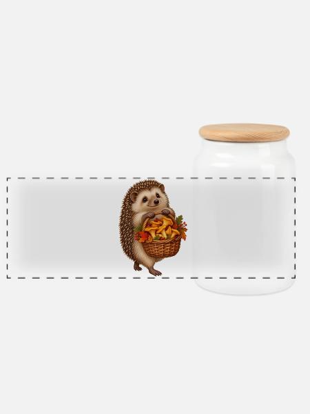 Igel beim Pilzsammeln - Panorama Keksdose mit Holzdeckel - Weiß