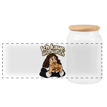 Descartes Burger – Ich kaue, also bin ich - Panorama Keksdose mit Holzdeckel - Weiß - Vorne