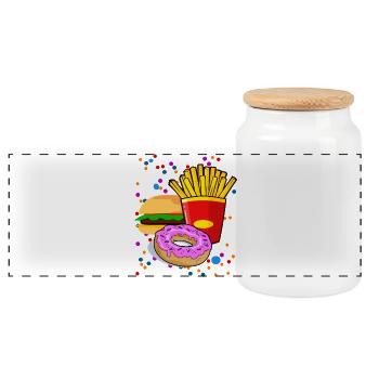 Bunte Fastfood Cartoon-Motiv - Panorama Keksdose mit Holzdeckel - Weiß - Vorne