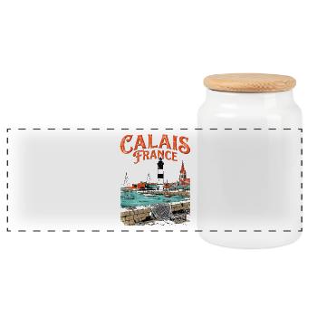 Vintage Calais France Seaside Lighthouse Landscape - Panorama Keksdose mit Holzdeckel - Weiß - Vorne