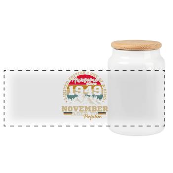 November 1949 Vintage-Retro-Geburtstag - Panorama Keksdose mit Holzdeckel - Weiß - Vorne