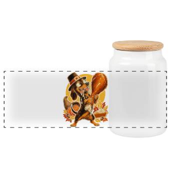 Thanksgiving Dackel mit Truthahn-Drumstick - Panorama Keksdose mit Holzdeckel - Weiß - Vorne