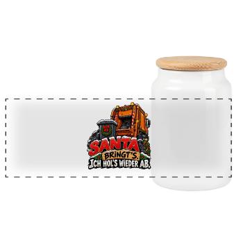 Müllmann Müllabfuhr lustiges Weihnachtsmotiv - Panorama Keksdose mit Holzdeckel - Weiß - Vorne