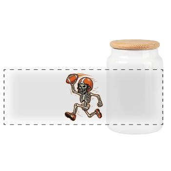 Skeleton-Footballspieler – Fan am Halloween-Spieltag - Panorama Keksdose mit Holzdeckel - Weiß - Vorne