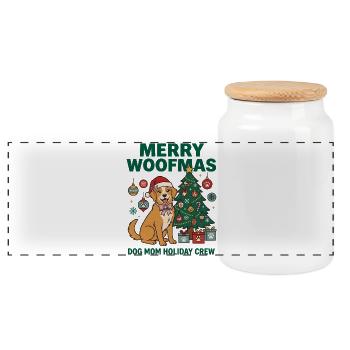 Fröhliche Woofmas Hundemama-Weihnachtscrew - Panorama Keksdose mit Holzdeckel - Weiß - Vorne
