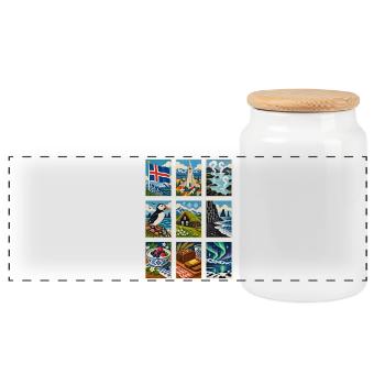 Island Briefmarken - Panorama Keksdose mit Holzdeckel - Weiß - Vorne