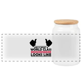 world class househusband - Panoramic Cookie Jar with Wooden Lid - white - Front