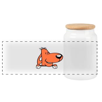 Hund Hinter Mauer Zaun Schild Guckt Lustig Frech - Panorama Keksdose mit Holzdeckel - Weiß - Vorne