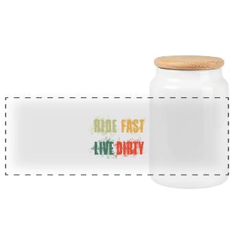 RIDE FAST LIVE DIRTY – MOUNTAIN BIKE - MOTOCROSS - Panoramic Cookie Jar with Wooden Lid - white - Front