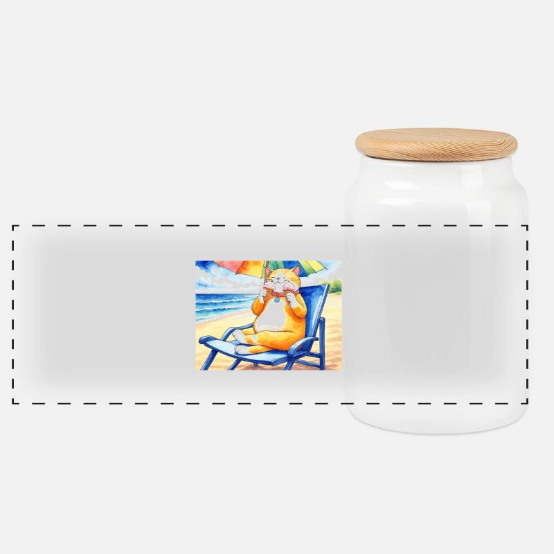 Katze am Strand mit Eiscreme - Panorama Keksdose mit Holzdeckel - Weiß