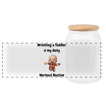 Wrestling a toddler is my daily workout routine. - Panoramic Cookie Jar with Wooden Lid - white - Front