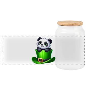 St Patrick's Day Panda Cylinder Shamrock - Panoramic Cookie Jar with Wooden Lid - white - Front