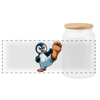 Penguin Karate Martial Arts Athletic - Panoramic Cookie Jar with Wooden Lid - white - Front
