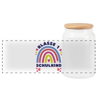 Einschulung Geschenk 2025 Klasse 1 Schulkind Name - Panorama Keksdose mit Holzdeckel - Weiß - Vorne