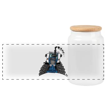 0538 blue tractor - Panoramic Cookie Jar with Wooden Lid - white - Front