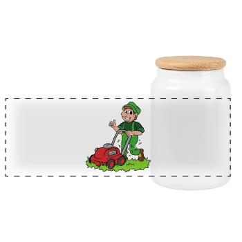 Gardener with lawnmower - Panoramic Cookie Jar with Wooden Lid - white - Front