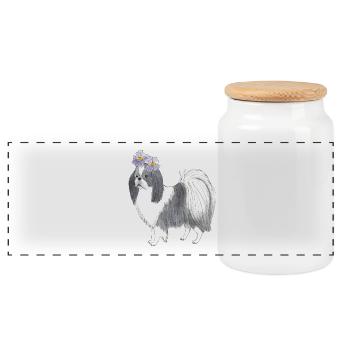 Japanese Chin With Flower - Panoramic Cookie Jar with Wooden Lid - white - Front