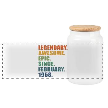 65th Birthday, February 1958, 65 Year Anniversary - Panoramic Cookie Jar with Wooden Lid - white - Front