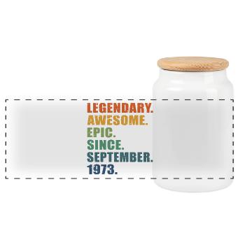 50th Birthday, September 1973, 50 Year Anniversary - Panoramic Cookie Jar with Wooden Lid - white - Front