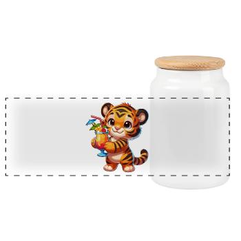Süßer Tiger mit Drink - Panorama Keksdose mit Holzdeckel - Weiß - Vorne