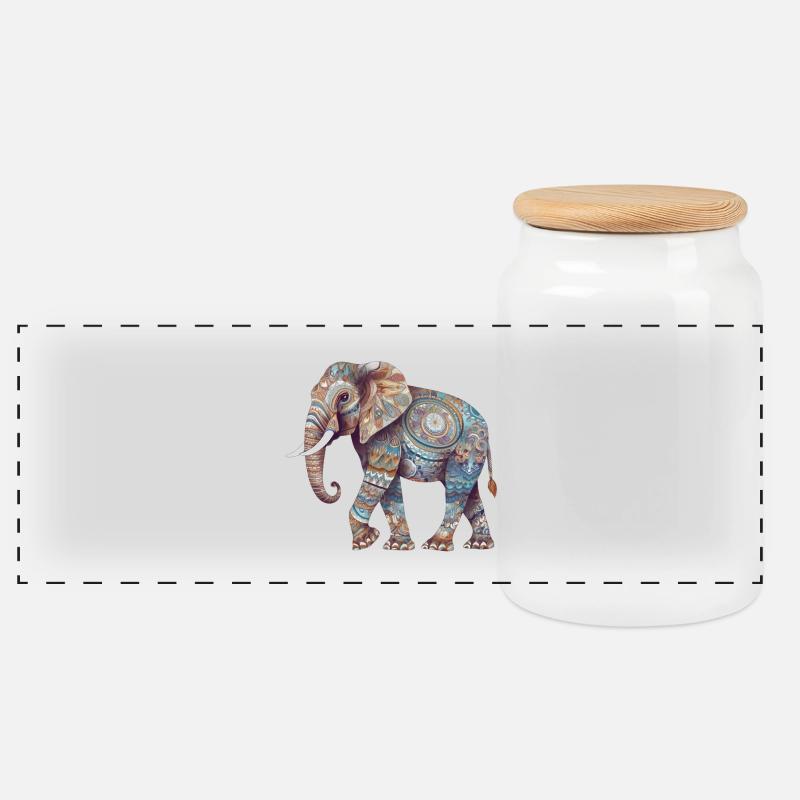 Bunter Mandala Elefant - Panorama Keksdose mit Holzdeckel - Weiß