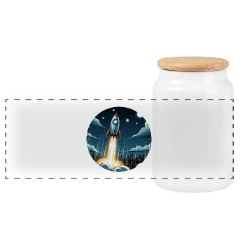 Cartoon Rakete startet ins Weltall - Panorama Keksdose mit Holzdeckel - Weiß - Vorne