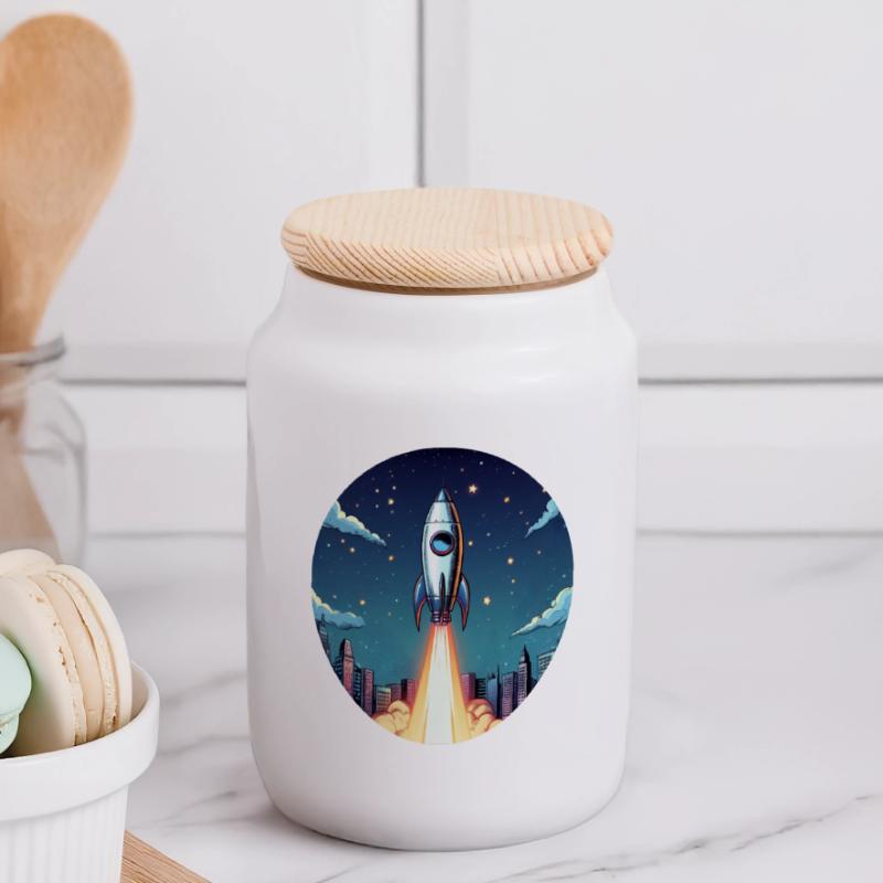 Lancement d’une fusée dans l’espace devant le ciel nocturne dans un style comique Boîte à biscuits avec couvercle en bois