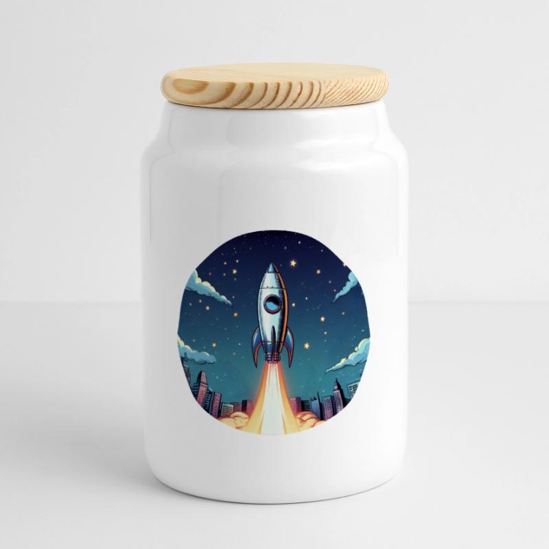 Lancement d’une fusée dans l’espace devant le ciel nocturne dans un style comique Boîte à biscuits avec couvercle en bois