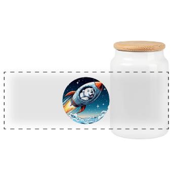 excited polar bear in a rocket comic - Panoramic Cookie Jar with Wooden Lid - white - Front