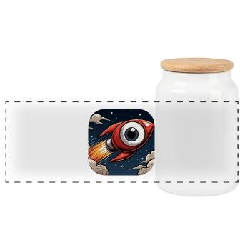Rocket with a big eye takes off into space Comic - Panoramic Cookie Jar with Wooden Lid - white - Front