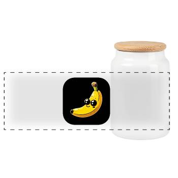 Banana yellow with eyes against black background - Panoramic Cookie Jar with Wooden Lid - white - Front