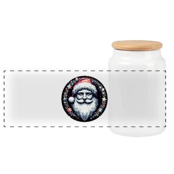 Santa Claus Head in Wreath Bright - Panoramic Cookie Jar with Wooden Lid - white - Front