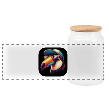 Toucan with hat and sunglasses - Panoramic Cookie Jar with Wooden Lid - white - Front