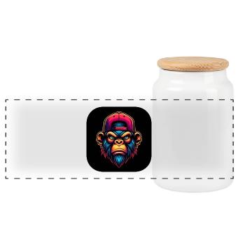 Angry Monkey with Cap in Colorful - Panoramic Cookie Jar with Wooden Lid - white - Front