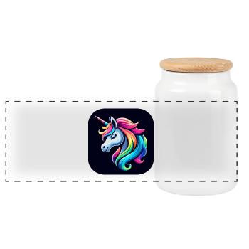 Unicorn Multicolored Mane Horn - Panoramic Cookie Jar with Wooden Lid - white - Front
