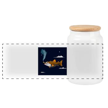 Fish in the air with a cigar. - Panoramic Cookie Jar with Wooden Lid - white - Front