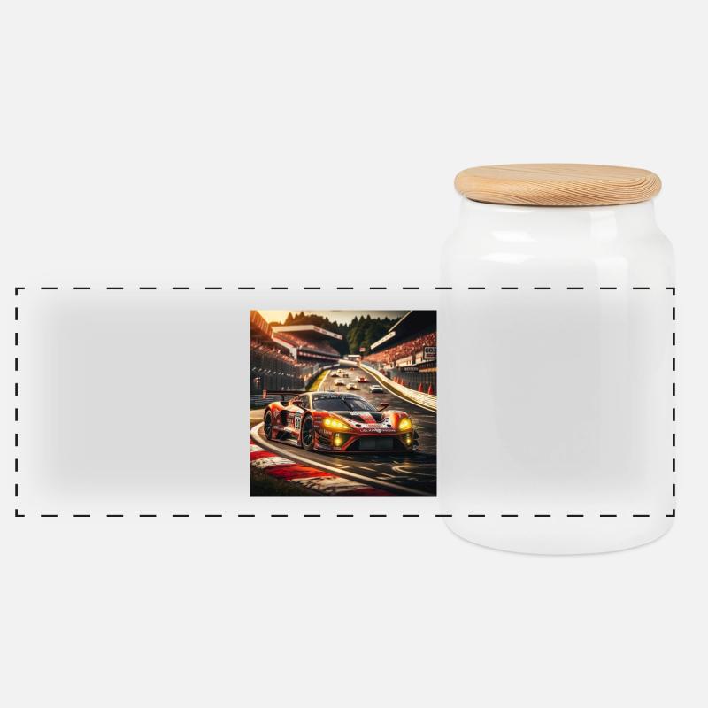 Rennwagen auf Rennstrecke - Panorama Keksdose mit Holzdeckel - Weiß