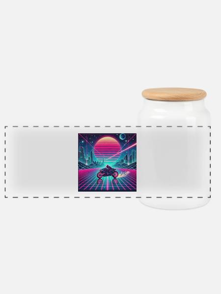 Neon Grid Odyssey – Synthwave trifft Tron Legacy - Panorama Keksdose mit Holzdeckel - Weiß